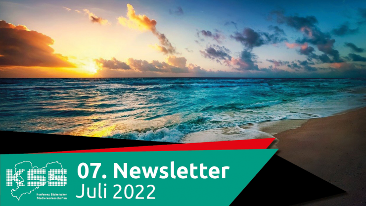 Sonnenuntergang am Meer und die Überschrift 7. Newsletter - Juli 2022